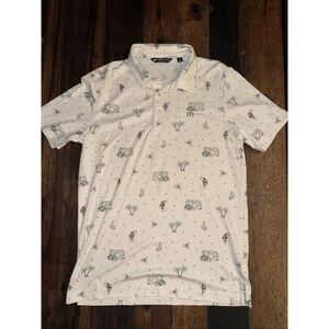TravisMathew Polo Shirt – Men’s Medium – Cookie Swap VW Bus Santa Beer Print
